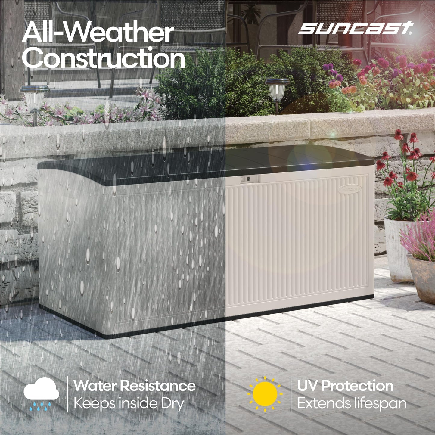 Suncast 160-Gal. Resin Extra-Large Outdoor Patio Deck Box with Pad-Lockable Lid, Modern Reeded Outdoor Patio Bench/Storage Box for Cushions, Garden Tools, and More, Iron Ore/French Gray