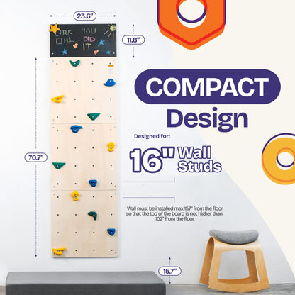 ComfyBumpy Rock Climbing Wall for Kids | Indoor Playground Play Gym Set with Drawing Blackboard & 12 Non-Slip Holds | Durable Wooden Climber for Ages 3+ | 132 lbs Capacity | Easy Assembly