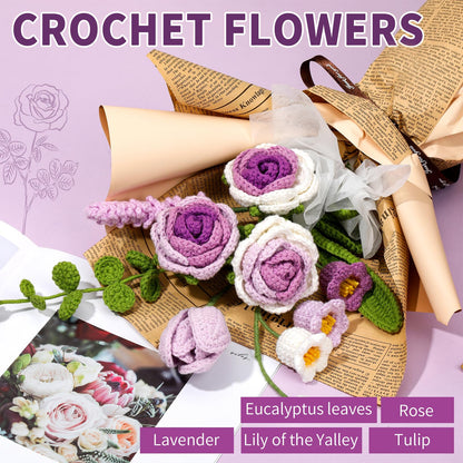 Kogyxe Crochet Kit for Beginners, Purple Rose Crochet Flowers for Adults with Step-by-Step Video Tutorials, DIY Crochet Bouquet Kits Knitting Supplies Include Floral Wire, Newspaper