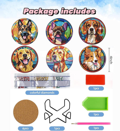 Puraikcmi 6pcs Dogs DIY Diamond Art Painting Kits Coasters with Holder, Diamond Coasters by Number Adults Crafts Full Drill Round Mosaic Stitch Art Craft Supplies