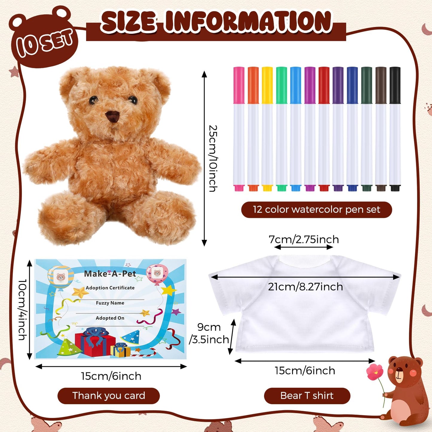 40 Pcs Make Your Own Stuffed Animal Bear Kit DIY 2026 Graduation Plush Gift 10 Pcs 9.84 Inches Rose Velvet Bear 10 White T Shirt 10 Set 12 Color Pen and Card for Graduates Party Craft Gift(Brown)