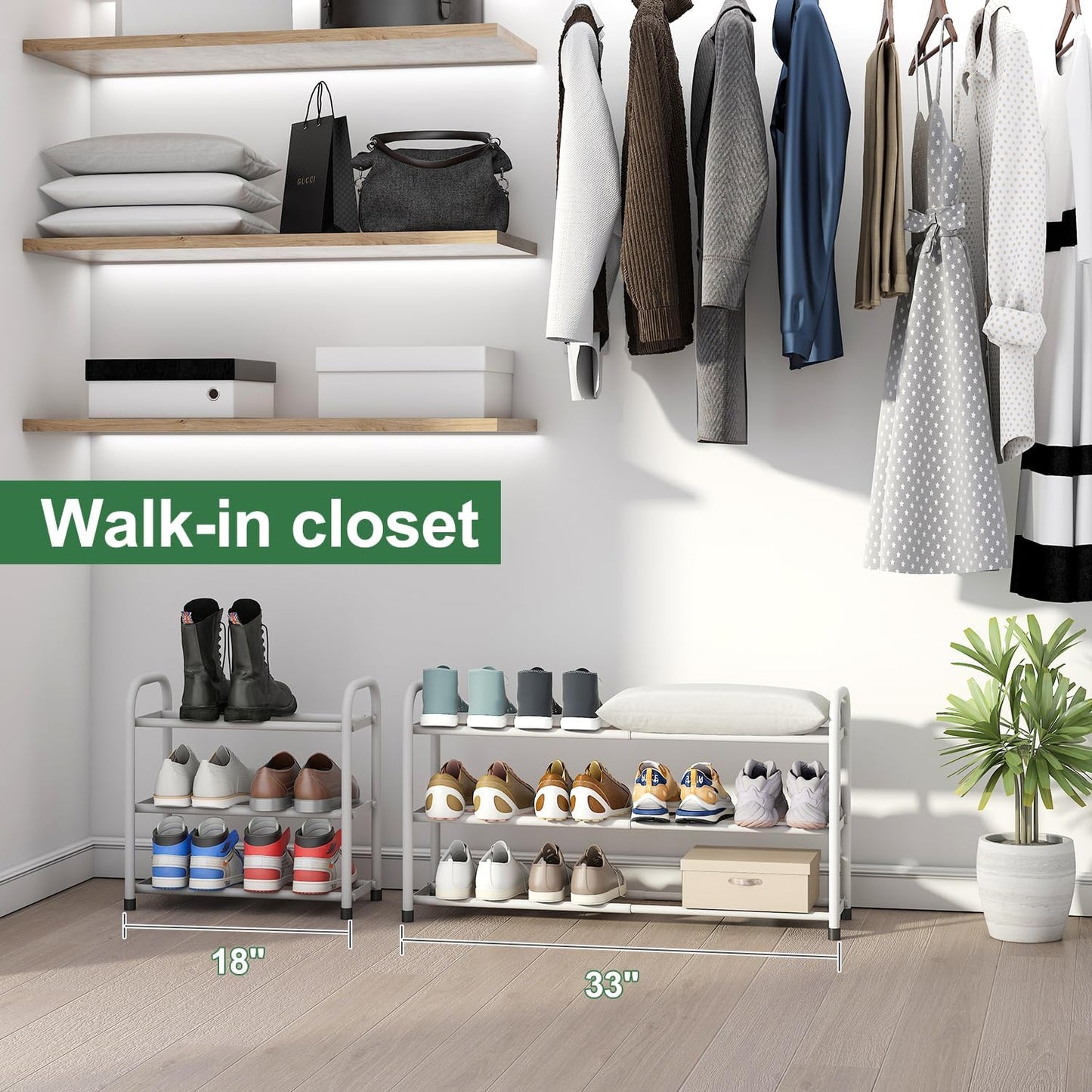 kiplant Closet, 3-Tier Closet, White Shoe Rack for Expandable Shoe Organizer for Metal Adjustable Black Shoe Shelf