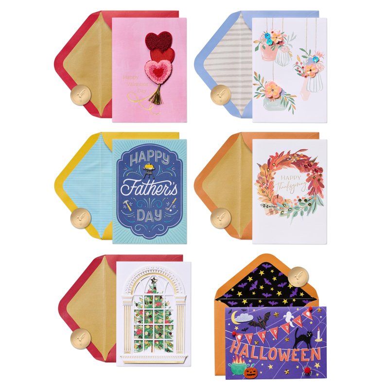 Papyrus All Holiday Card Assortment with Decorative Box, 6-Count (Valentine's Day, Mother's Day, Father's Day, Thanksgiving, Halloween, Christmas)