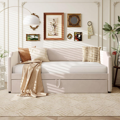 Merax Velvet Upholstered Daybed with Pop Up Trundle Twin to King Desigin, Twin Size Extendable Sofa Bed, Easy Assembly,No Box Spring Needed, Beige