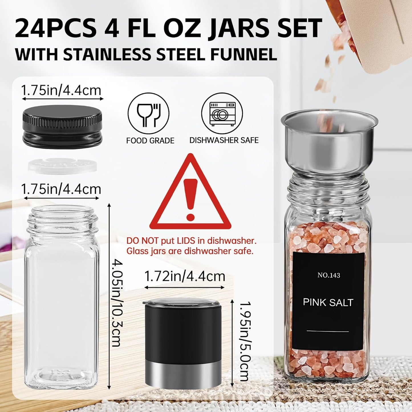 Spice Jars, 24 Pcs 4oz Seasoning Jars with Label, Glass Jars with Shaker Lids, Spice Containers Bottles with Pepper Grinder & Stainless Steel Funnel for Seasoning Organizer, Cabinet, Drawer