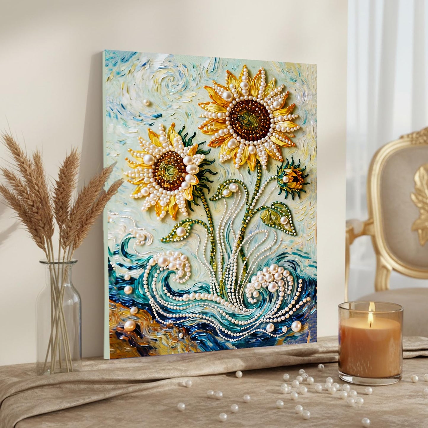 DIY Diamond Pearl Painting Kit for Adults, Sunflower 3D Pearl Painting Craft with Wooden Frame 15.75x19.69 inch, Beginner Friendly Home Wall Decor Art, Gift for Women Men Housewarming