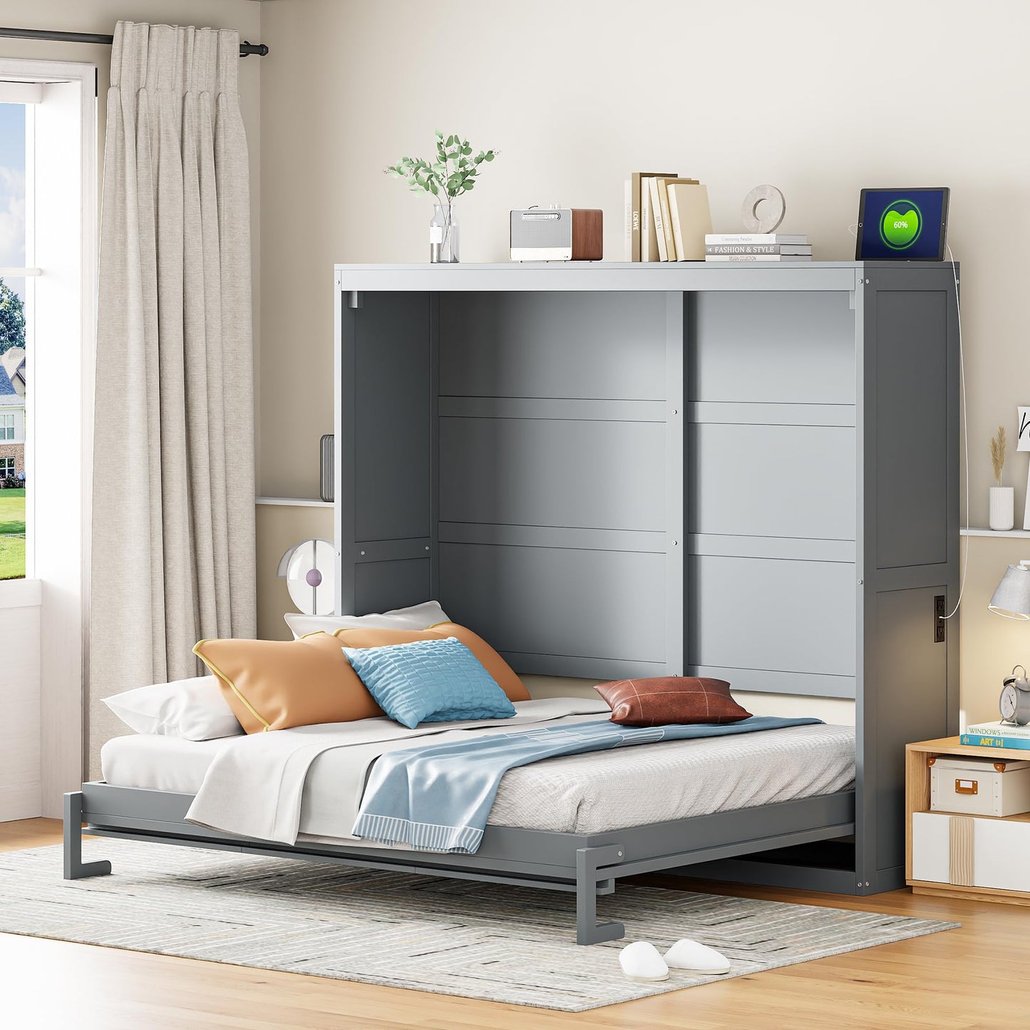 Ball & Cast Murphy Bed Full Size,Wall Beds with Charging Station and Storage Top,Slat Support,Wood Hideaway Cabinet Bedframe w/Leg,can be Folded,Space-Saving,for Small Room,Dorms,Gray