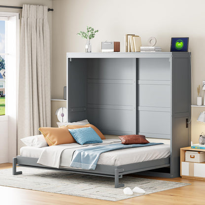 Ball & Cast Murphy Bed Full Size,Wall Beds with Charging Station and Storage Top,Slat Support,Wood Hideaway Cabinet Bedframe w/Leg,can be Folded,Space-Saving,for Small Room,Dorms,Gray
