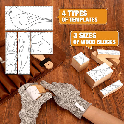 Wood Carving Kit, 24Pcs Wood Carving Tools with Storage Bag, Wood Whittling Knife Kit with 4pcs Templates & 6pcs Basswood Blocks for DIY Beginners