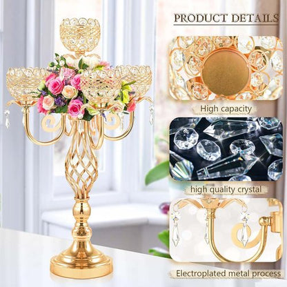 Elegant 5-Arm Candelabra Centerpiece - 23.6 Inch Tall with Crystal Pendants for Weddings & Home Decor