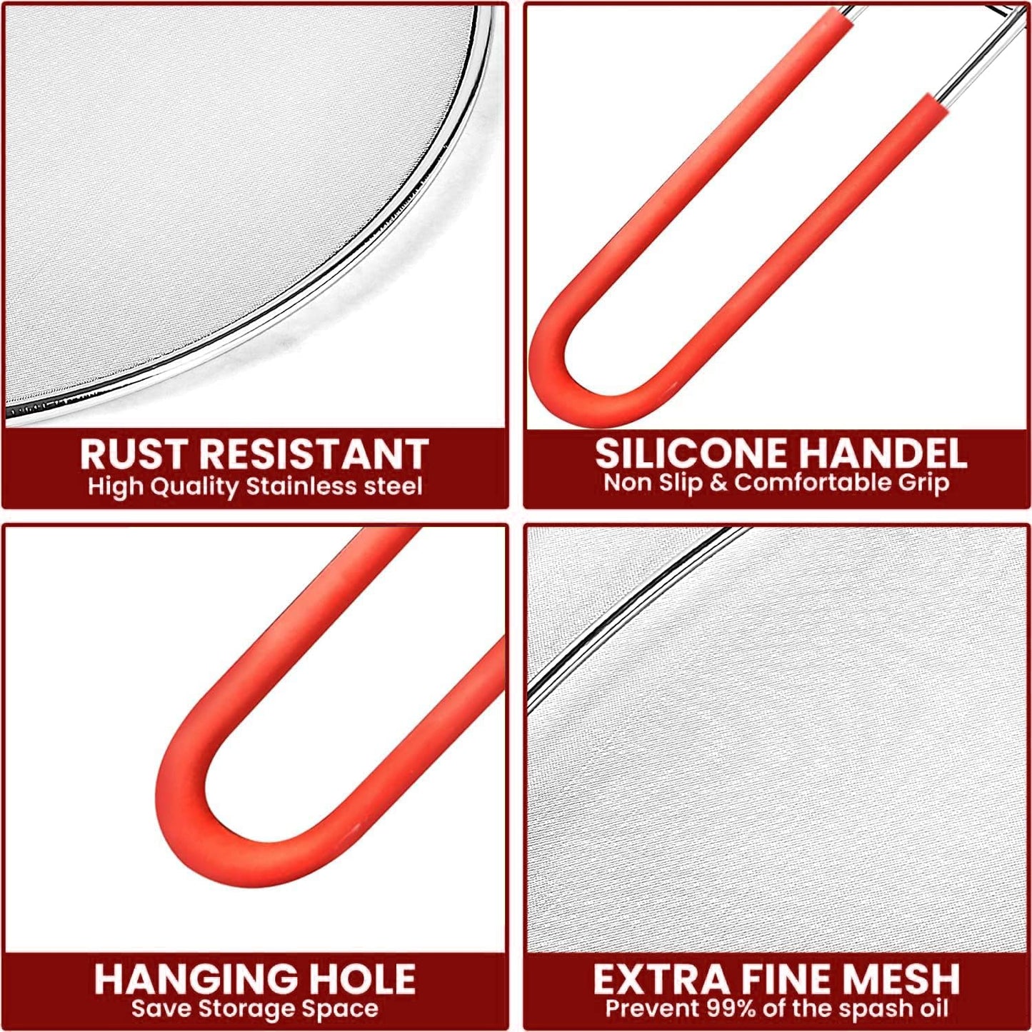 13" Grease Splatter Screen for Cooking | Stainless Steel Oil Splatter Guard and Ultra-Fine Mesh Protects Skin from Burns | Silicone Red Handle