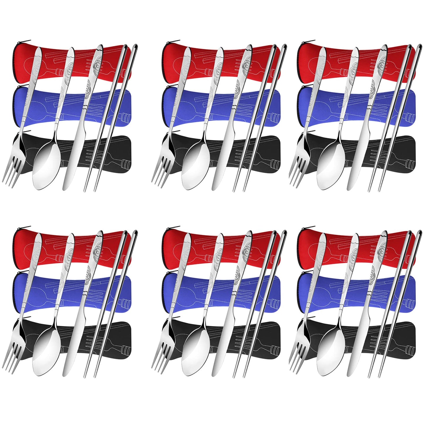Arroyner 6 Pack Reusable Flatware Sets Knife, Fork, Spoon, Chopsticks, 24Pcs Portable Travel Stainless Steel Tableware Dinnerware with Carrying Case