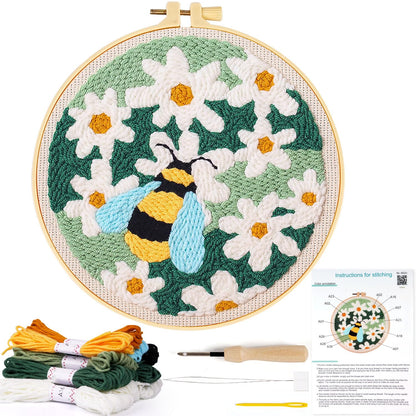 KESTAR Punch Needle Embroidery Starter Kits, Bee and Daisy Flower Punch Needle Kits for Adults Beginner, Needle Punch Kit Tool with Instruction Threader Fabric Yarns and Hoop