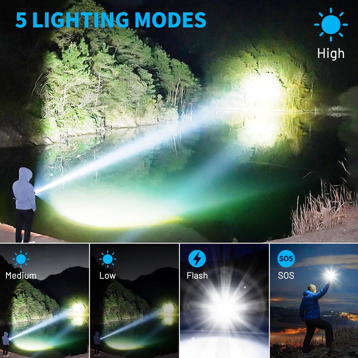 Rechargeable Flashlights High Lumens, 90,000 Lumen Brightest Led Flashlight with 5 Modes & 12H Long Runtime, Powerful Waterproof Handheld Flash Light, Super Bright Flashlight for Home, Camping