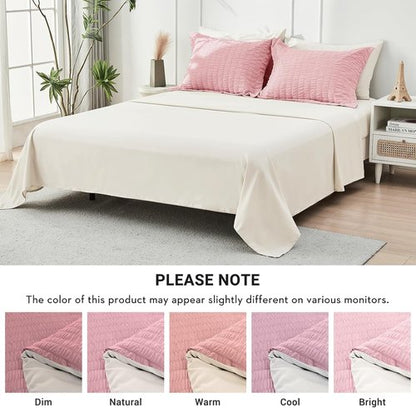 HYMOKEGE California King Comforter Set - Luxurious 7-Piece Seersucker Bedding in Pink/Ivory