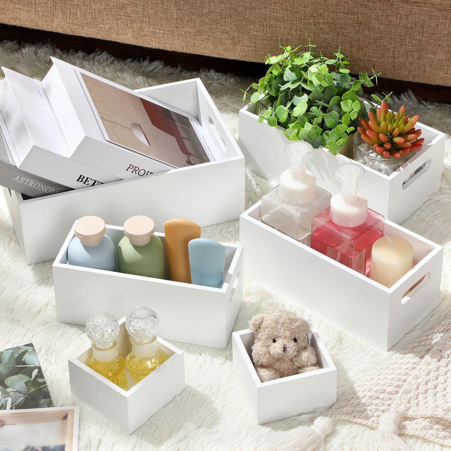 Yetene Set of 6 Wood Storage Boxes with Handles Wooden Nesting Crates Rustic Farmhouse Storage Container for DIY Crafts Party Home Table Decoration Display(White)