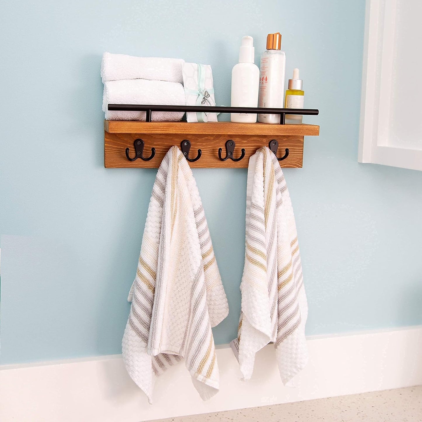 Mail and Key Holder for Wall, Decorative Wooden Shelf with Hooks, Wall Mounted Coat Rack (Light Brown)