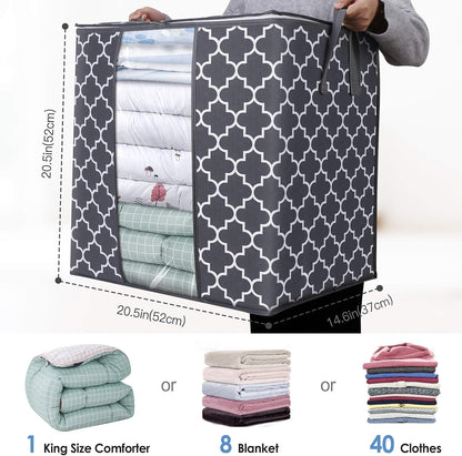 WISELIFE Storage Bags - 4 Pack 100L Large Blanket and Clothes Organizers | Foldable with Reinforced Handles, Clear Window, Gray