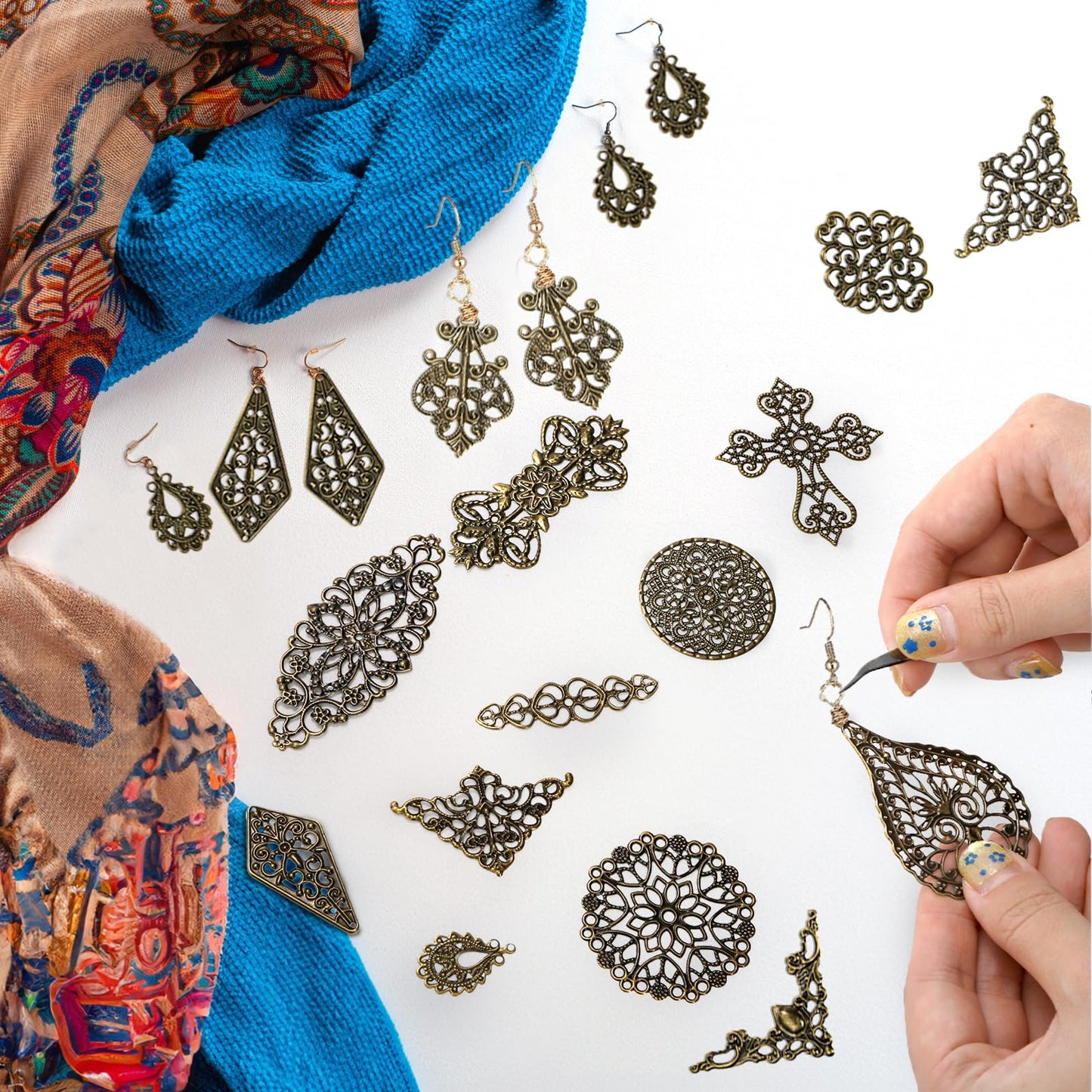 ZOOFOX 120 Pieces Filigree Connectors Charms, Mixed Vintage Earring Necklace Charms Collection, Filigree Metal Embellishments for DIY Jewelry Making, Antique Bronze