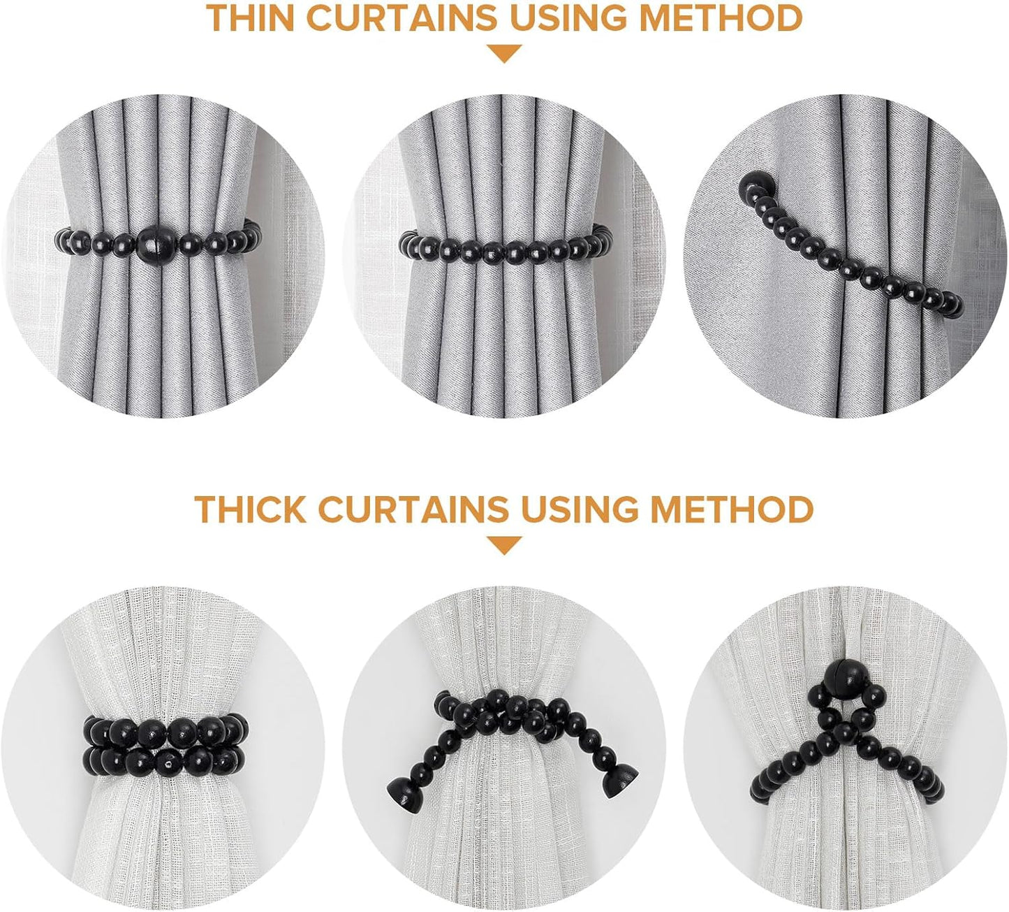 NICEEC 2 Pack Wood Bead Curtain Tiebacks, Strong Magnetic Natural Wooden Beaded Holdbacks for Draperies