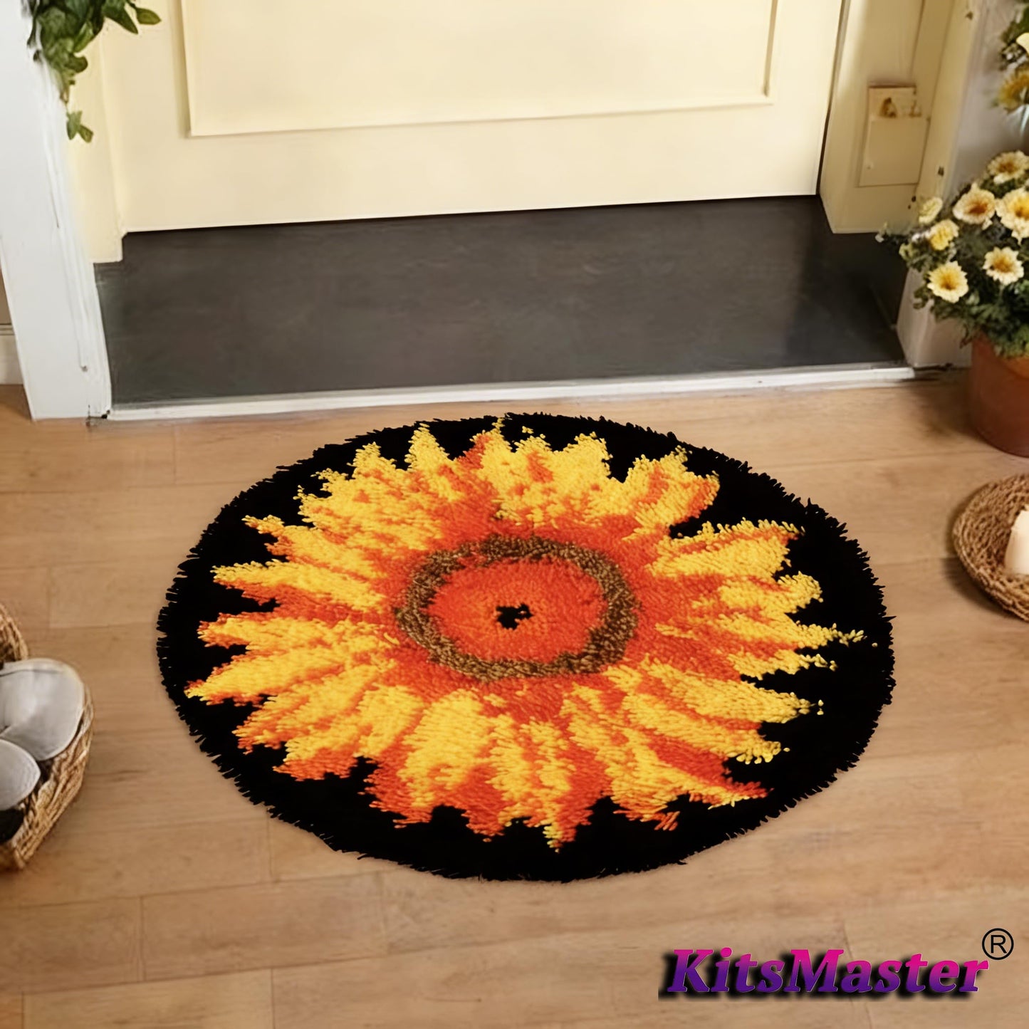 KitsMaster Golden Sunflower Latch Hook Kits for Beginner, Beginner-Friendly Round Floral Rug with Pre-Printed Canvas, 20''x20'' (Sunburst Flower)