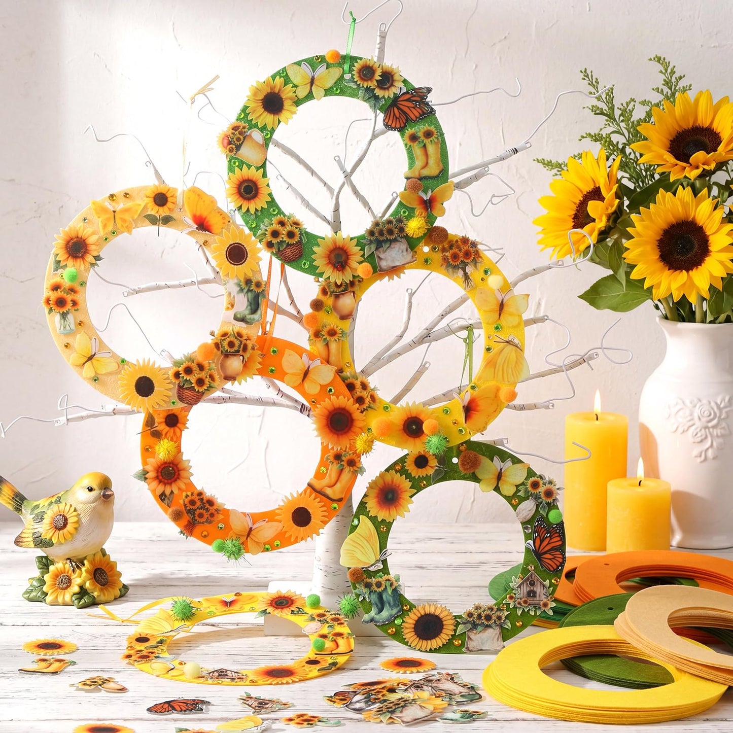 Wavwavw 472 Pcs Sunflower DIY Craft Kits Sunflower Wreath Summer Craft Kit Wreath Arts Decorations with Butterflies House Felt Stickers for Home Indoor Outdoor Party Activities Decor