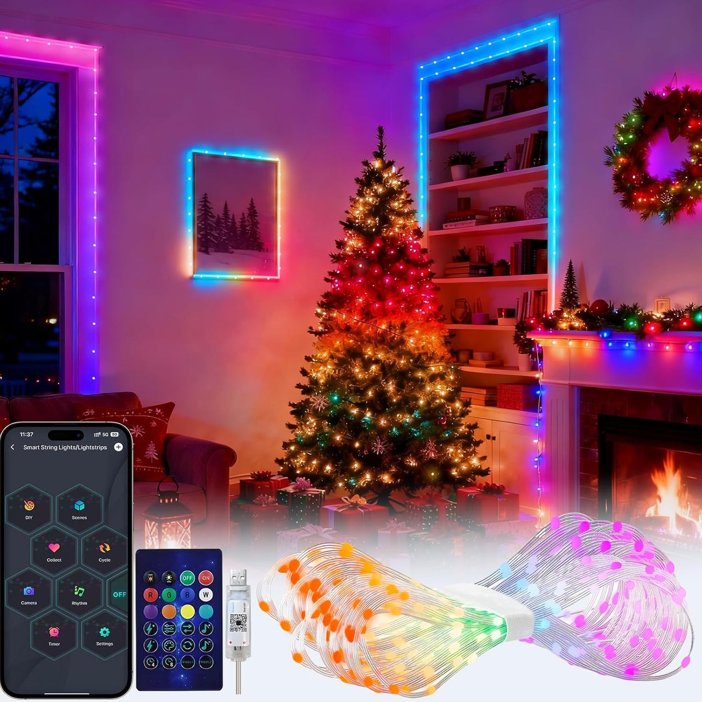 33Ft 12 Smart Fairy String Lights, DIY Twinkle Lights USB Port, Multicolor Warm White, App/Remote Control, Modes &Music