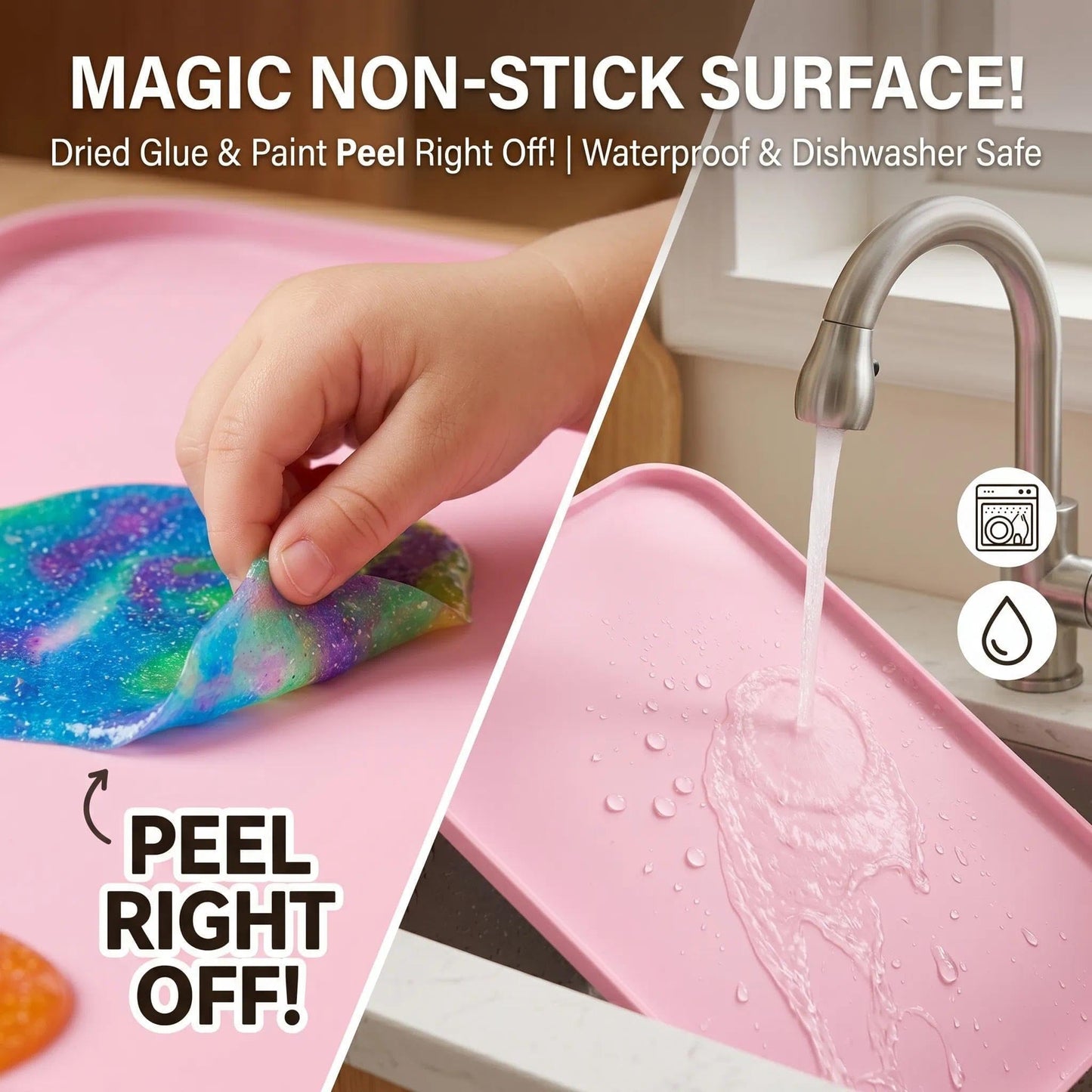 AWOKE 24"x16" Silicone Mats for Crafts with 0.7" High Edges, Large Leak-Proof Art Mat for Playdoh, Resin, Painting, Clay, Slime,Beads, Lego, Puzzle, Non-Stick & Non-Slip Table Protector for Kids, Pink