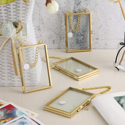 JUXYES 4 Pack Mini Brass Floating Frames Ornaments With Hanging Chain - Double Glass Tiny Picture Display Frame - Gold Wallet Size Floater Style Gallery Wall Frame for Pressed Flowers, Vertical