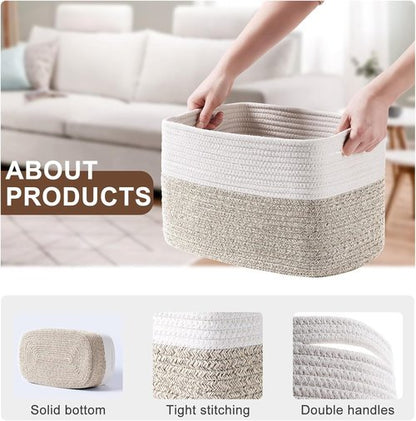 Homsorout Cotton Rope Baskets - 12” Decorative Woven Storage Bins for Living Room & Laundry | 4 Pack, White/Brown