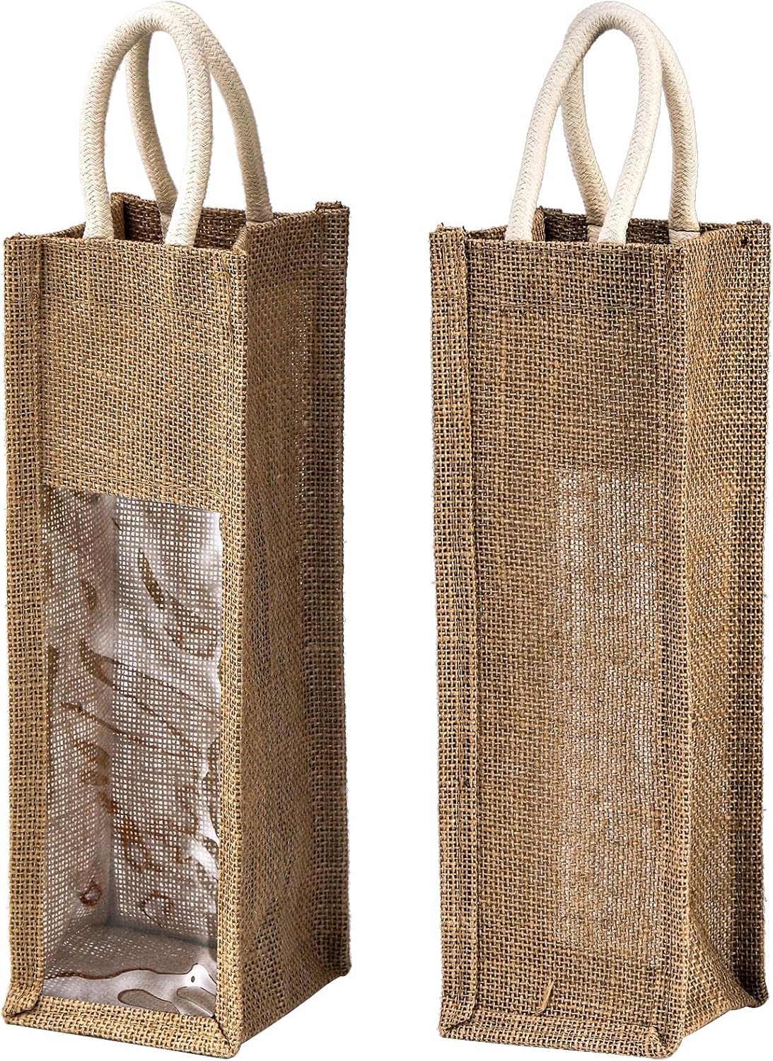 Peohud 3 Pack Burlap Wine Bottle Bags, Jute Gift Bags with Window and Handle for Wedding, Birthday, Christmas