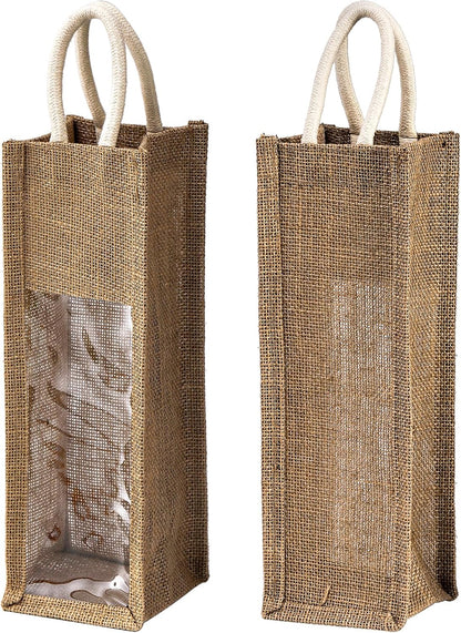 Peohud 3 Pack Burlap Wine Bottle Bags, Jute Gift Bags with Window and Handle for Wedding, Birthday, Christmas