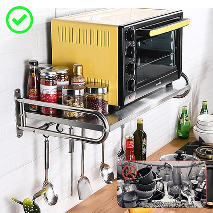 NAWESRVA Stainless Steel Microwave Wall Mount Shelf with 6 Hooks - 66 lbs Capacity, 21x15 Inches, Easy Install, Space-Saving Organizer for Home and Kitchen