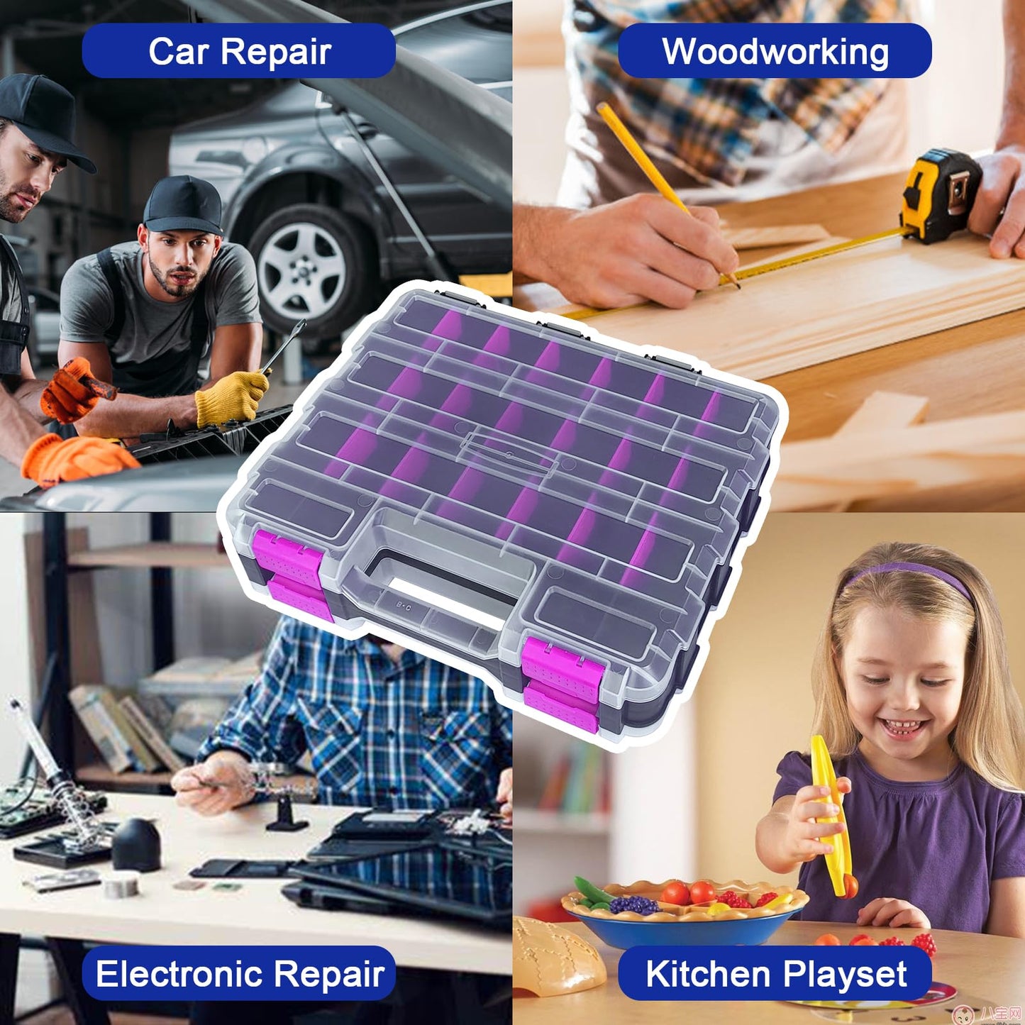 Tools Organizer Box Small Parts Storage Box 50-Compartment Double Side Hardware Organizers with Removable Plastic Dividers for Screws, Nuts, Nails, Bolts, Purple