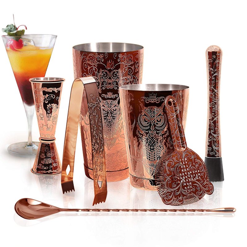 Sky Fish Bartender Kit Cocktail Shaker Set-6 Pieces Stainless Steel Copper Plated Etching Bar Tools with Boston Shaker Tins,Mixing Spoon,Mojito Muddler,Jigger,Hawthorne Strainer,Ice Tongs