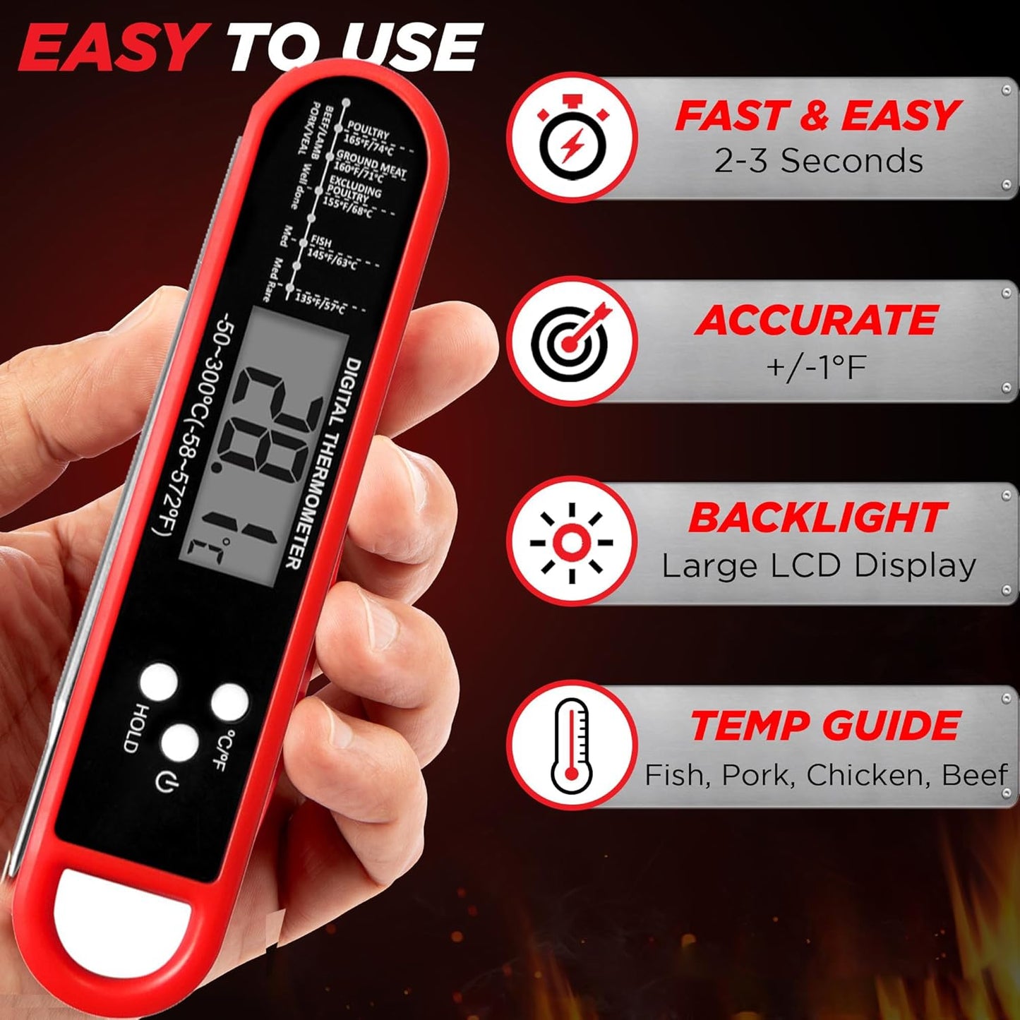 Meat Thermometer Instant Read for Grill and Cooking, Fast & Precise Digital Food Thermometer for BBQ