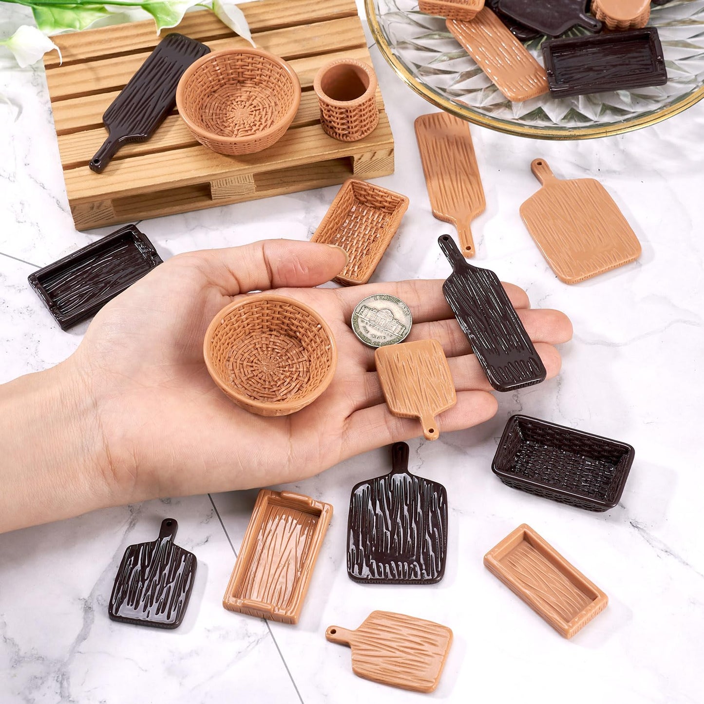 Magibeads 26Pcs Miniature Dollhouse Basket Food Bread Cutting Board Rattan Basket Food Tray Charcuterie Boards Tiny Things Stuff Accessories for Micro Garden Landscape Decoration