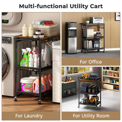 Microwave Kitchen Cart with Push Handle, 3 Tier Rolling Cart with 2 Lockable Wheels, Vintage Kitchen Storage Cart with 210Lbs Capacity for Kitchen Island, Restaurant, Coffee Bar, Living Room, Office