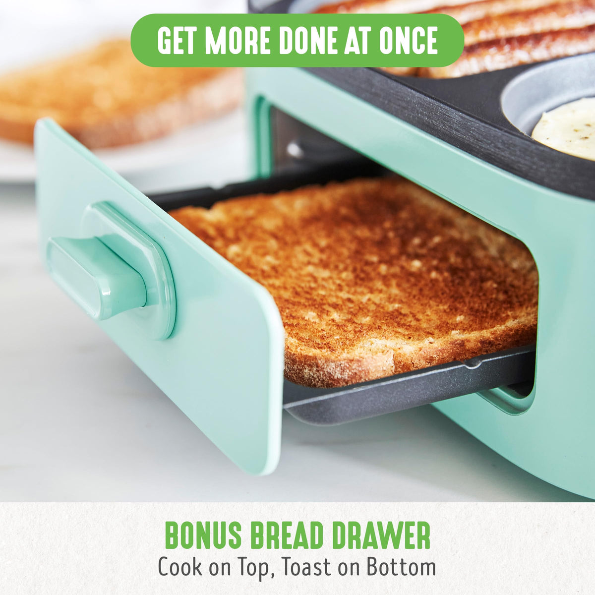 GreenLife 3-in-1 Breakfast Maker Station, Healthy Ceramic Nonstick Dual Griddles for Eggs Meat Sausage Bacon Pancakes and Breakfast Sandwiches, 2 Slice Toast Drawer, Easy-to-use Timer, Turquoise