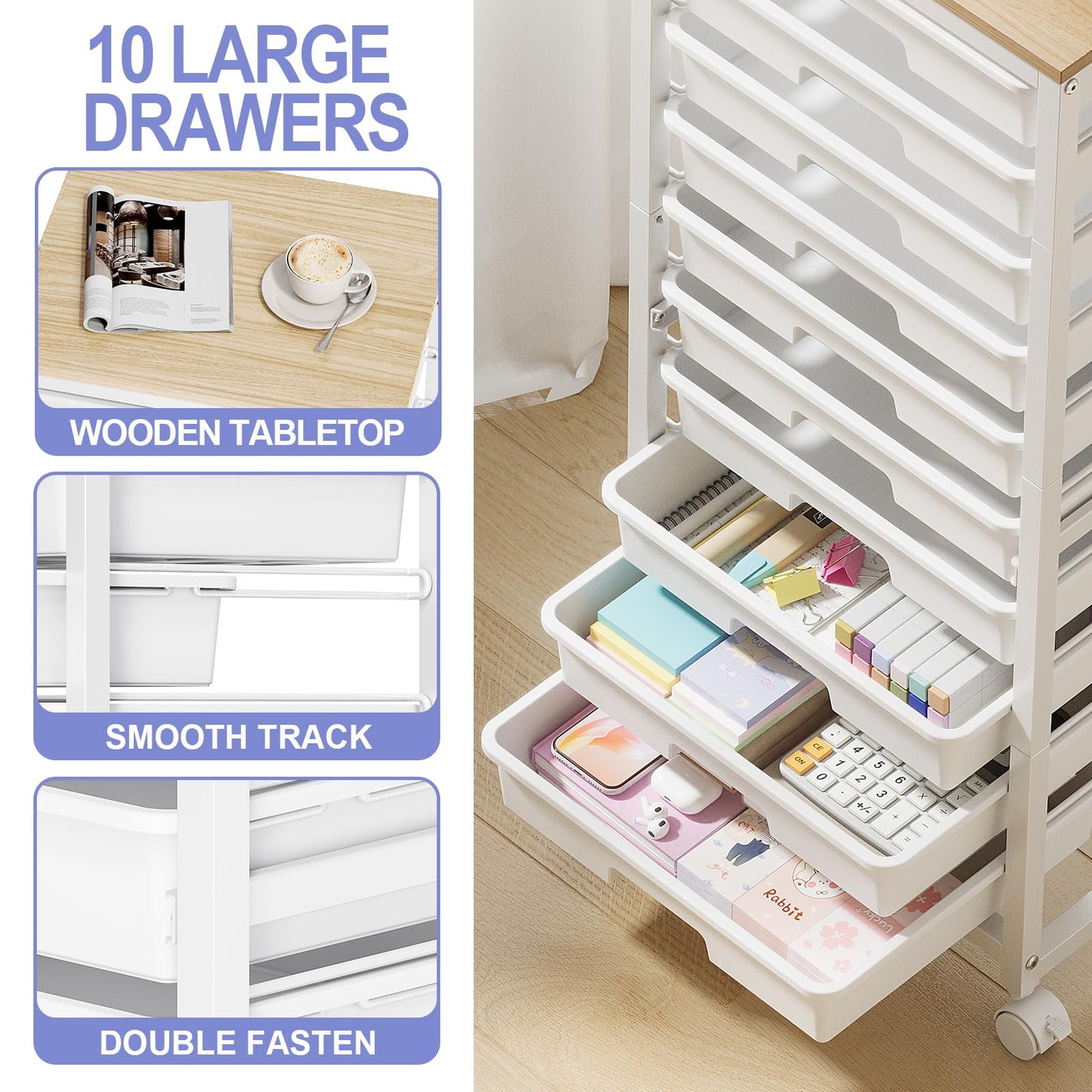 SYKIARIOL Rolling Cart with Drawers,10 Drawer Rolling Cart,Storage Cart with Wheels,Utility Cart with Drawers,Teacher Cart for Classroom Storage,Craft Cart with Wheels and Wooden Tabletop,White