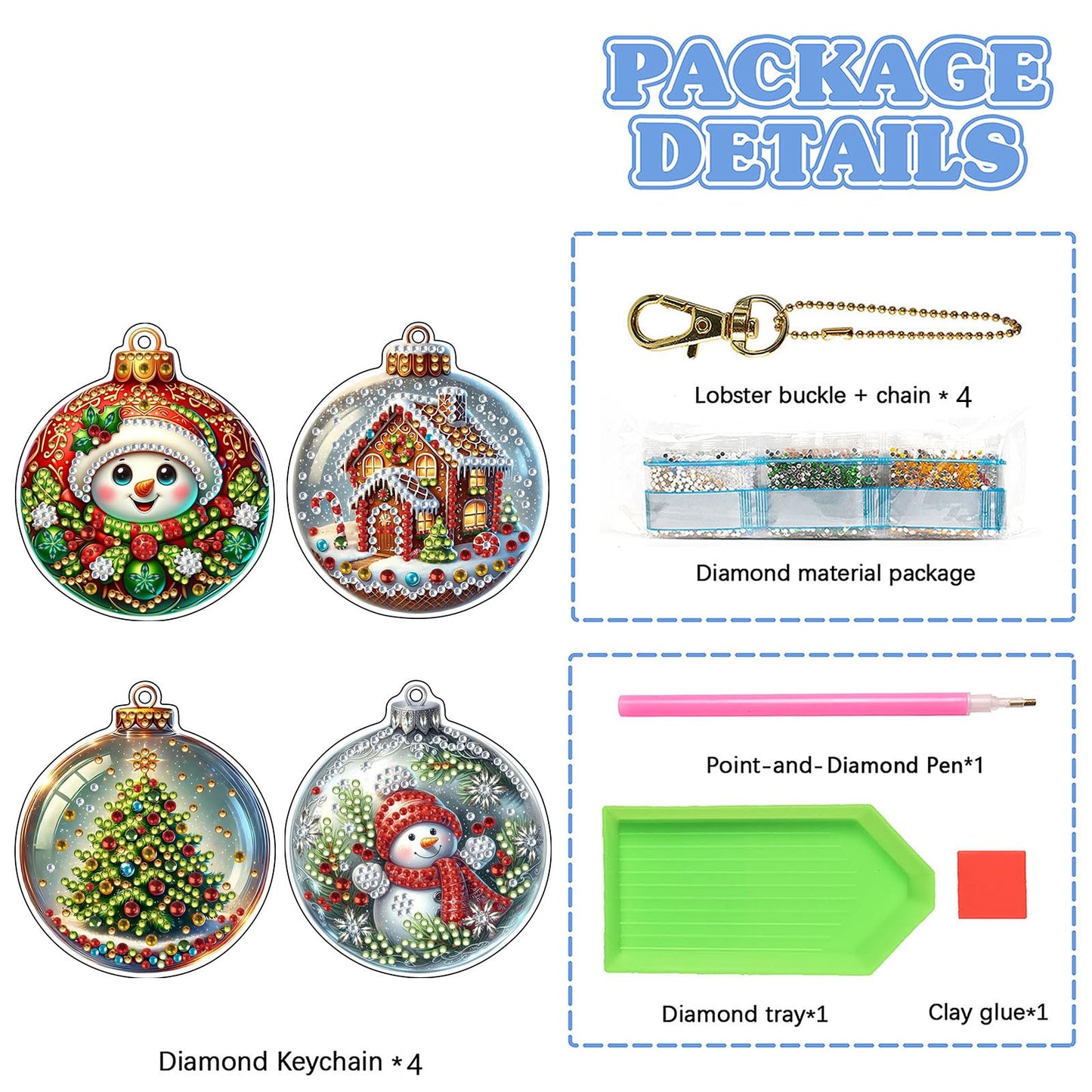JJFox 4pcs Christmas Diamond Art Ornaments – DIY Acrylic 5D Diamond Art Christmas Tree Decorations, Holiday Hanging Diamond Painting Kit for Kids & Adults (Christmas-2)