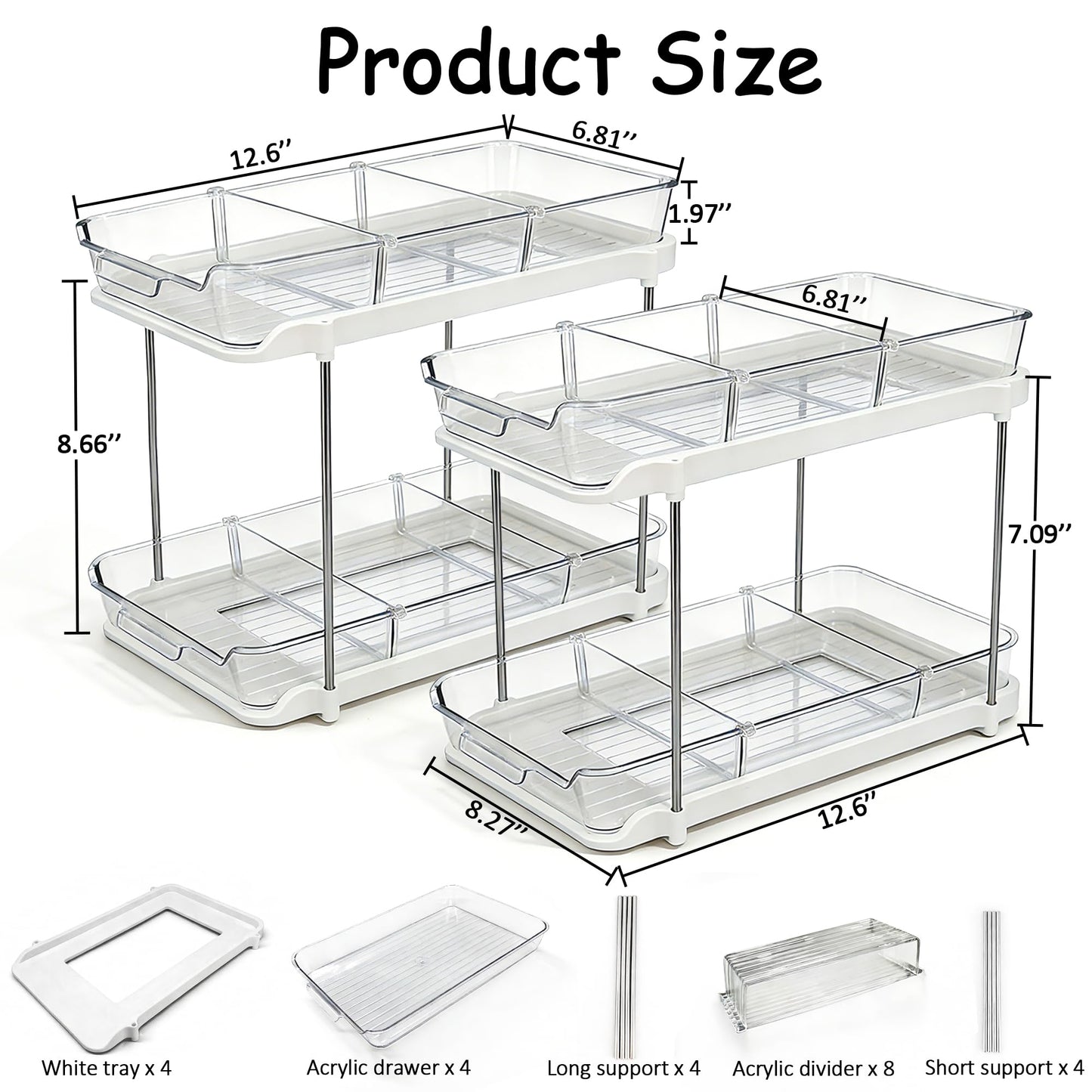 Organizer with Acrylic Drawers and Dividers, White, 12.6" x 8.27" x 8.66", Multi-Purpose Storage Both Samll and Large