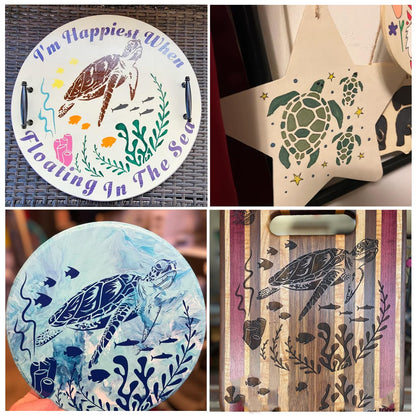 Ocean Stencils for Painting On Wood Turtle Seahorse Starfish Jellyfish Templates for Art Crafts Plastic Reusable Wood Burning Stencils for Wall Canvas (Sea)