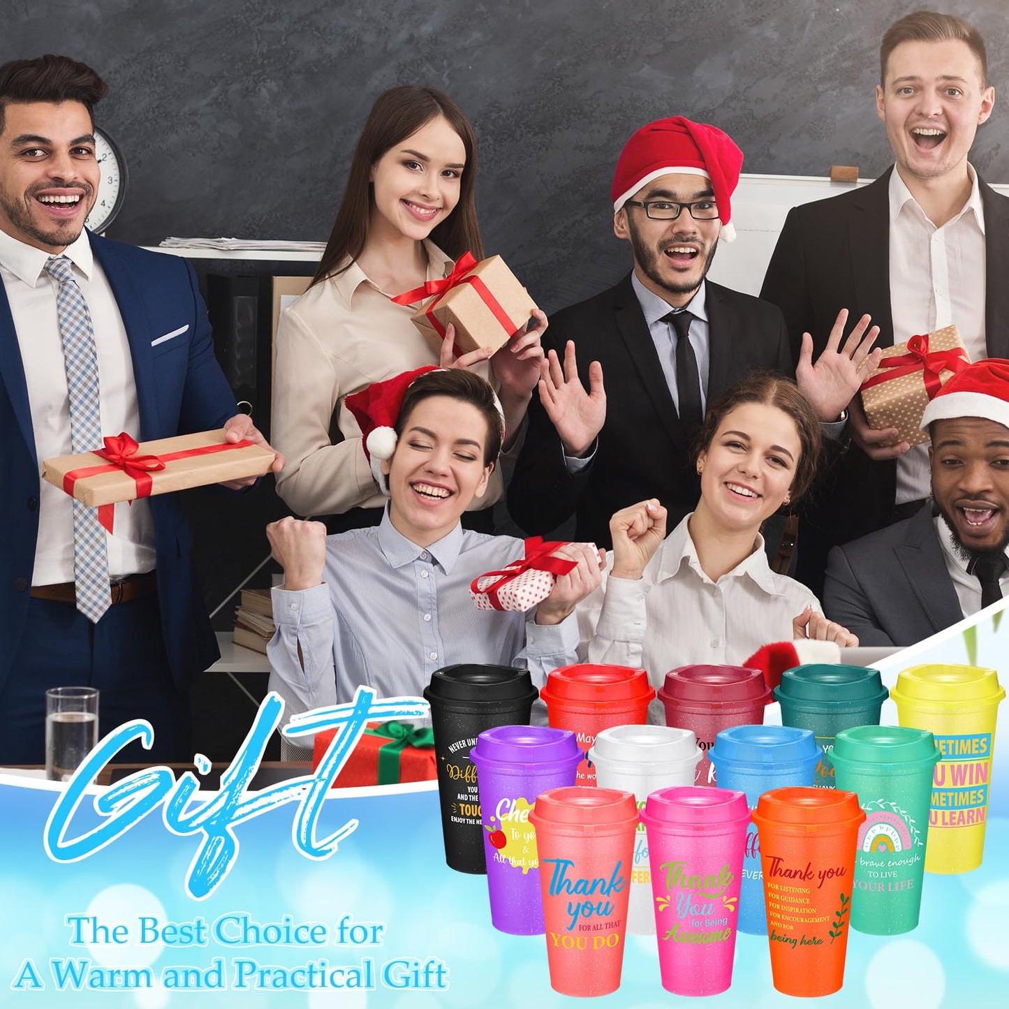Skylety 96 Pack Employee Appreciation Coffee Cups with Lids 16 oz Reusable Plastic Tumblers Thank You Teacher Appreciation Gifts Bulk for Staff Coworkers Volunteers Nurses Office Team Recognition