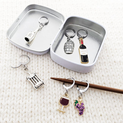 Pretty Warm Designs Wine Lover Locking Stitch Markers - Sip & Stitch Progress Keepers for Knitters and Crocheters - Set of 6 Handcrafted Accessories in Hinged Crafting Container