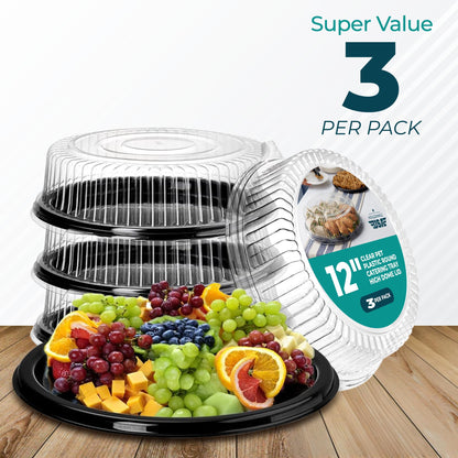 12" Catering Trays With Lids [3 Pack] - Black Serving Tray, Clear Lid, Plastic Disposable Round Party Platters, Flan Containers, Dessert Sandwich Cookie Food Trays for Parties