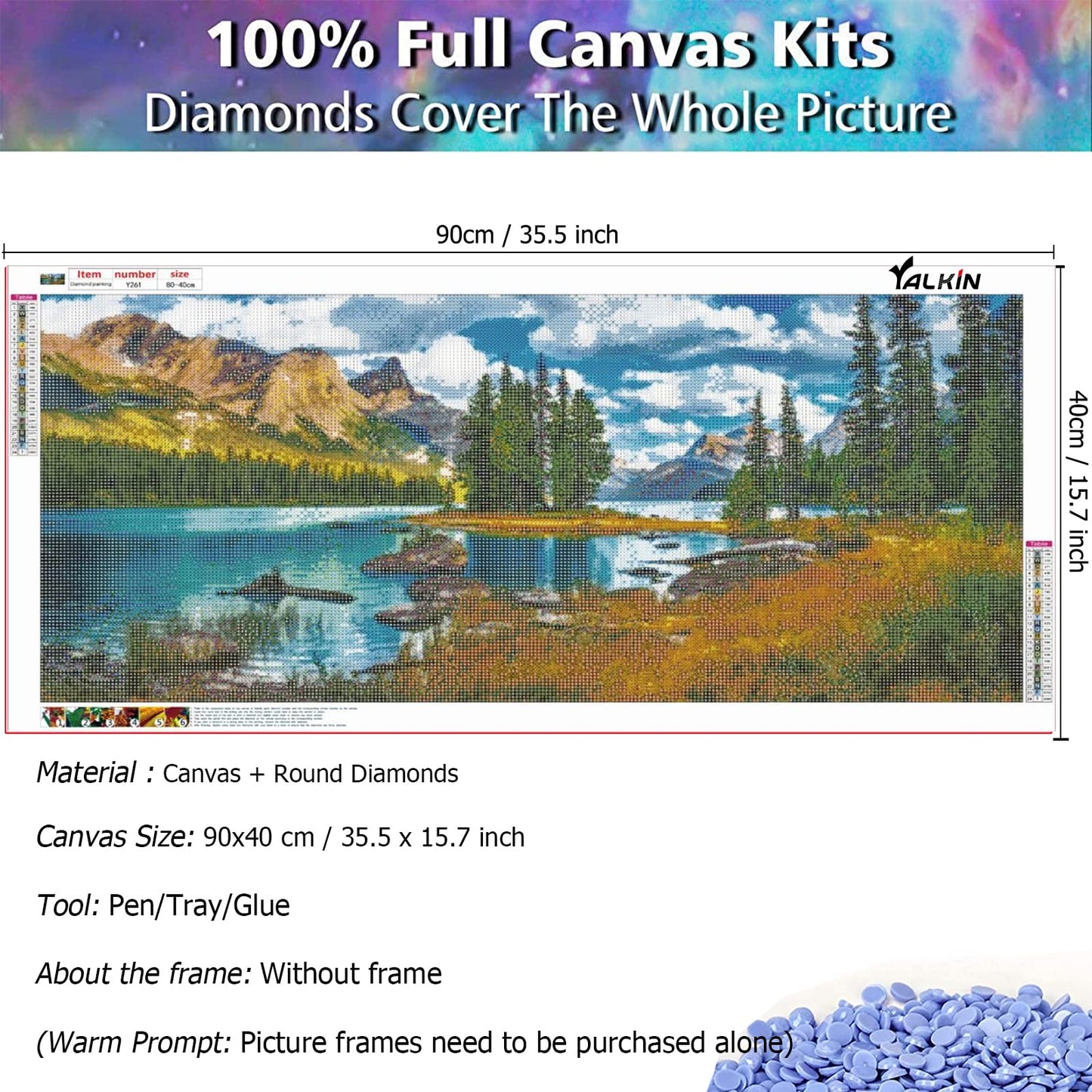 YALKIN Diamond Painting Kits Mountain Lake (35.5 x 15.7 inch) Full Round Drill Diamond Art for Adults Clearance, 5D DIY Large Big Rhinestones for Crafts to Decor Home Wall, Christmas Gifts