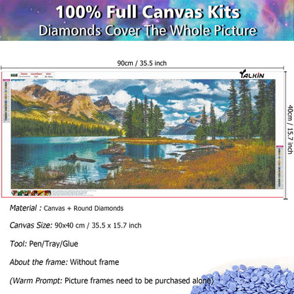 YALKIN Diamond Painting Kits Mountain Lake (35.5 x 15.7 inch) Full Round Drill Diamond Art for Adults Clearance, 5D DIY Large Big Rhinestones for Crafts to Decor Home Wall, Christmas Gifts
