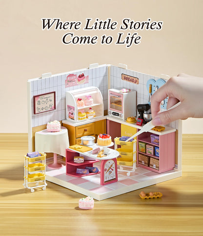 Tkmango Bakery Shop DIY Miniature House Kit with Roof & LED Light, Stackable & Connectable Dollhouse Kit with Dustproof Door, Creative DIY Crafts Building Toy Gift for Adults Teens