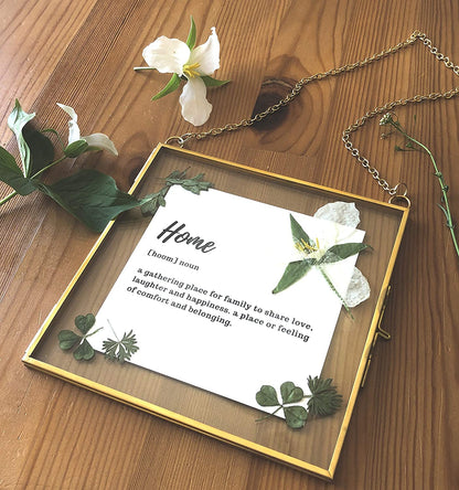 Double Glass Frame for Pressed Flowers, Leaf and Artwork - Set of 3 Hanging Picture Frames, 6x6, 6x8, 4x9 Floating Pressed Flower Frames, Square and Rectangular Wall Decor Photo Display, Clear Metal Glass Frames with Chain (Gold)